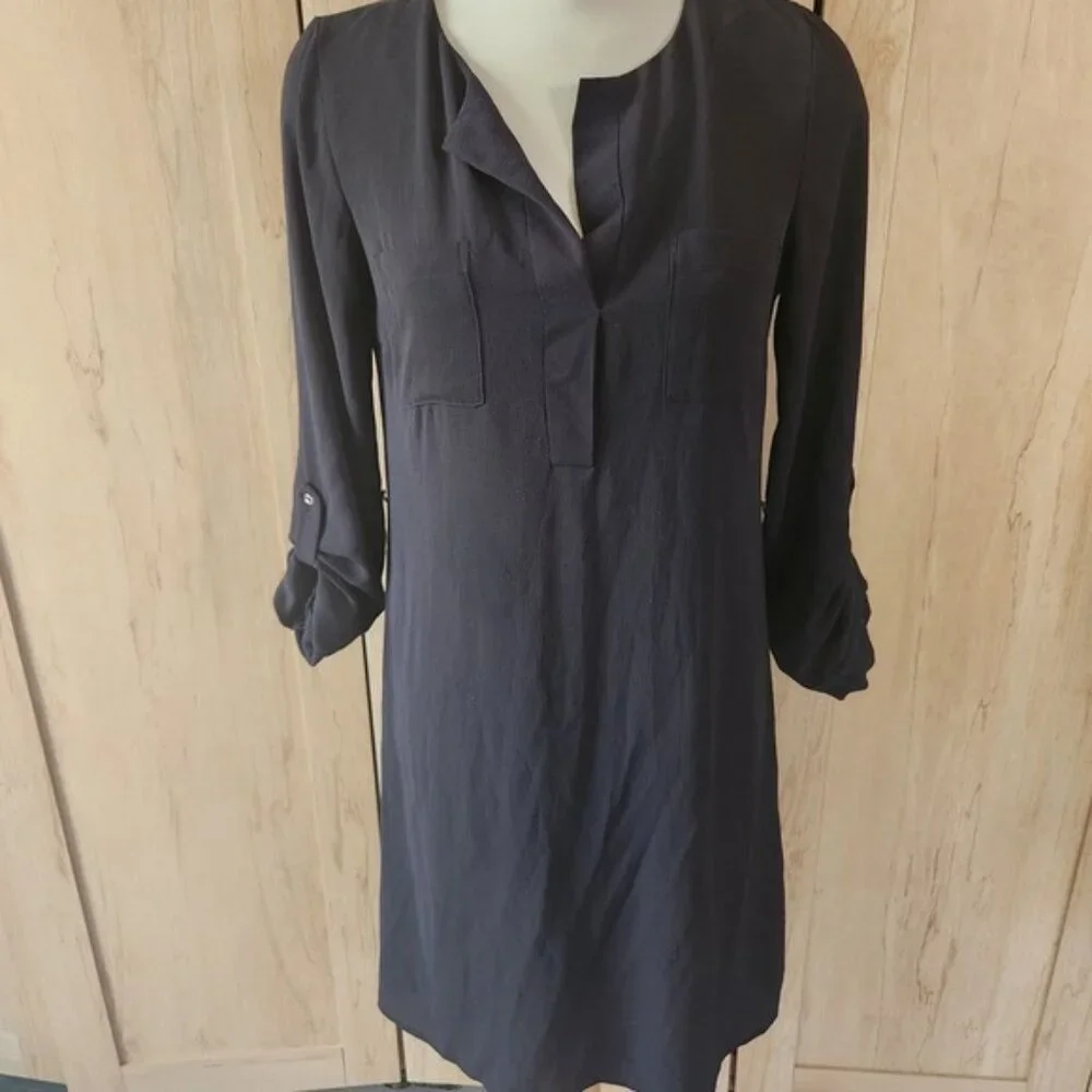 Atmosphere Black Roll Tab Sleeve Shift Dress Split‎ Neck Chest Pockets Size 6